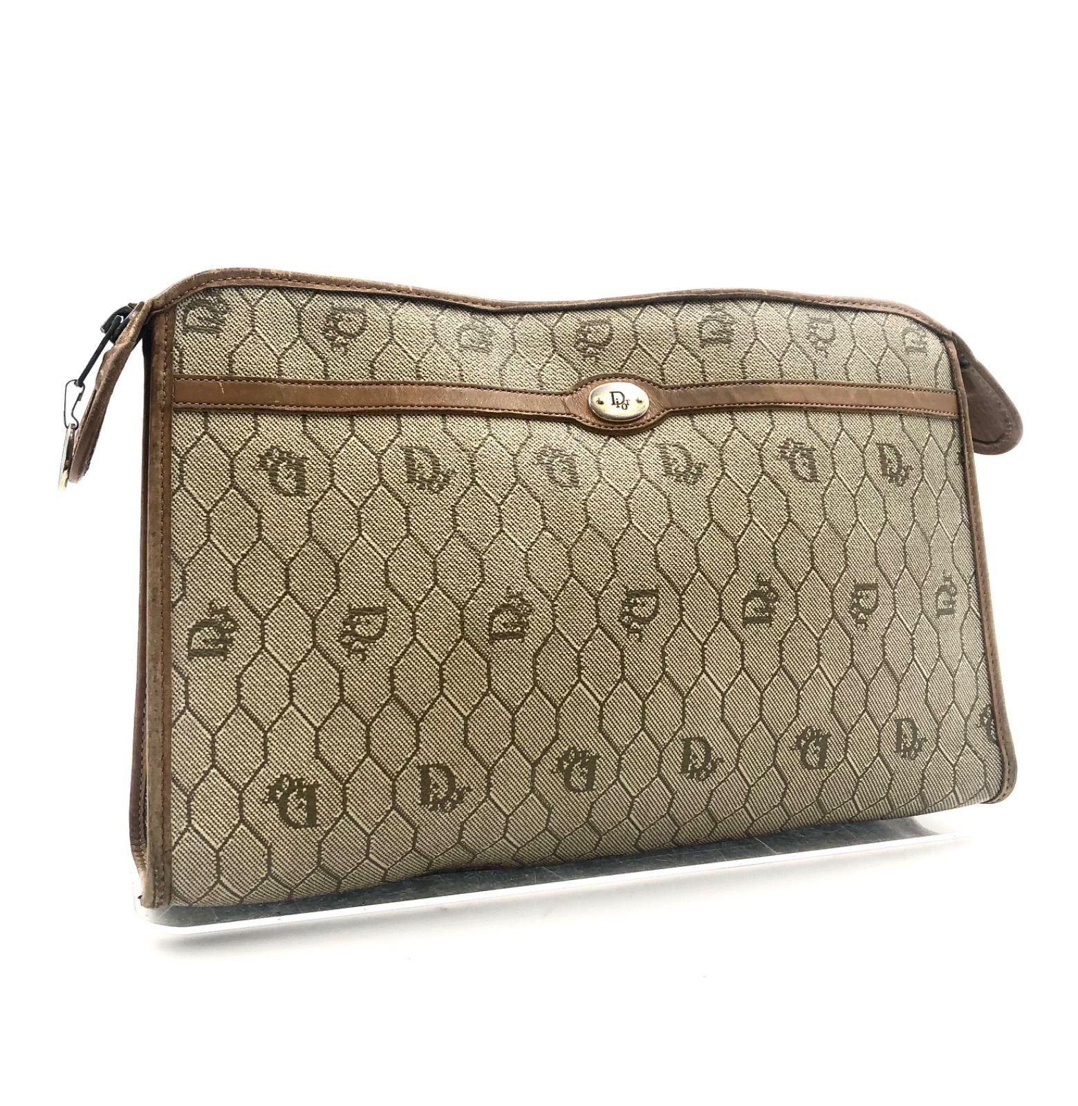 Christian Dior クリスチャンディオール ハニカム柄 クラッチバッグ セカンドバッグ コーティングキャンバス×レザー ベージュ フランス製