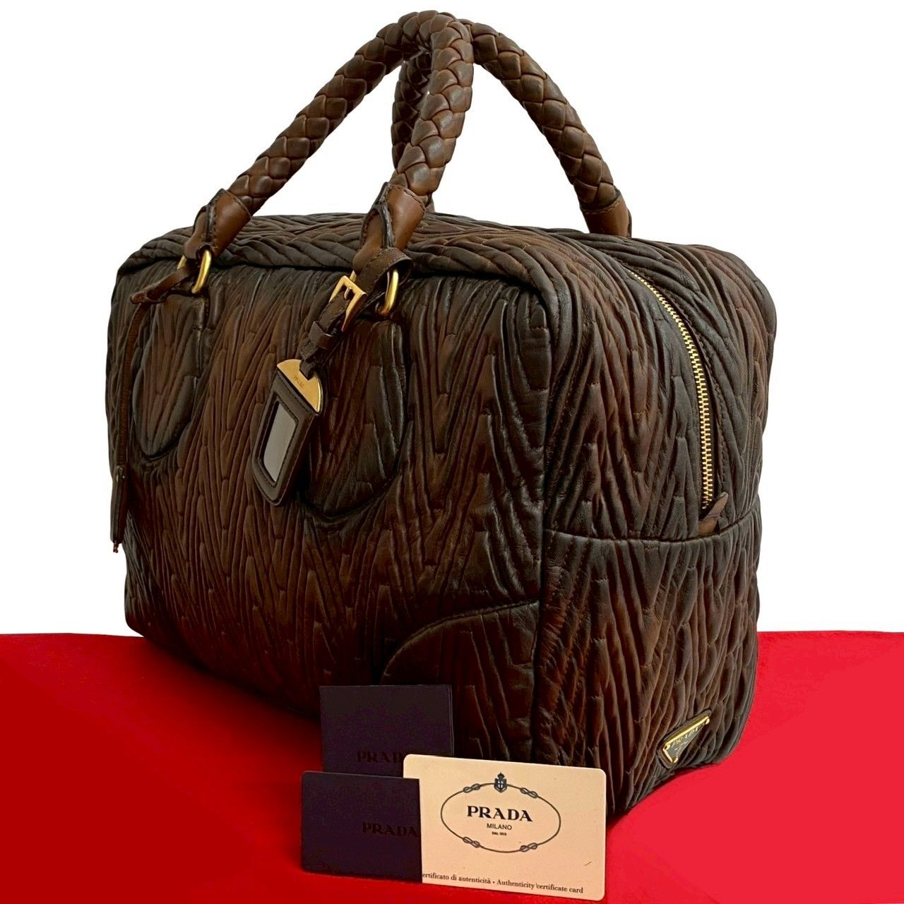 PRADA プラダ キャンバス レザー ボストンバッグ 三角ロゴ ブラウン 極 美品 PRADA プラダ 三角ロゴ プレート 金具 キルティング