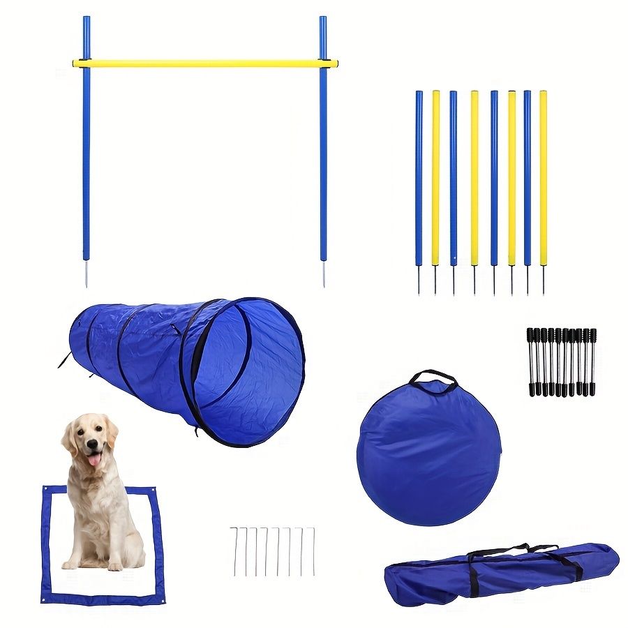 犬アジリティトレーニング機器セット - ユニバーサルフィットスピード＆アジリティエクササイズキット ジャンプフープ ウィーブポール トンネル付き - PVC素材 イエロー＆ブルー - ペットアジリティ練習ギア 1セット