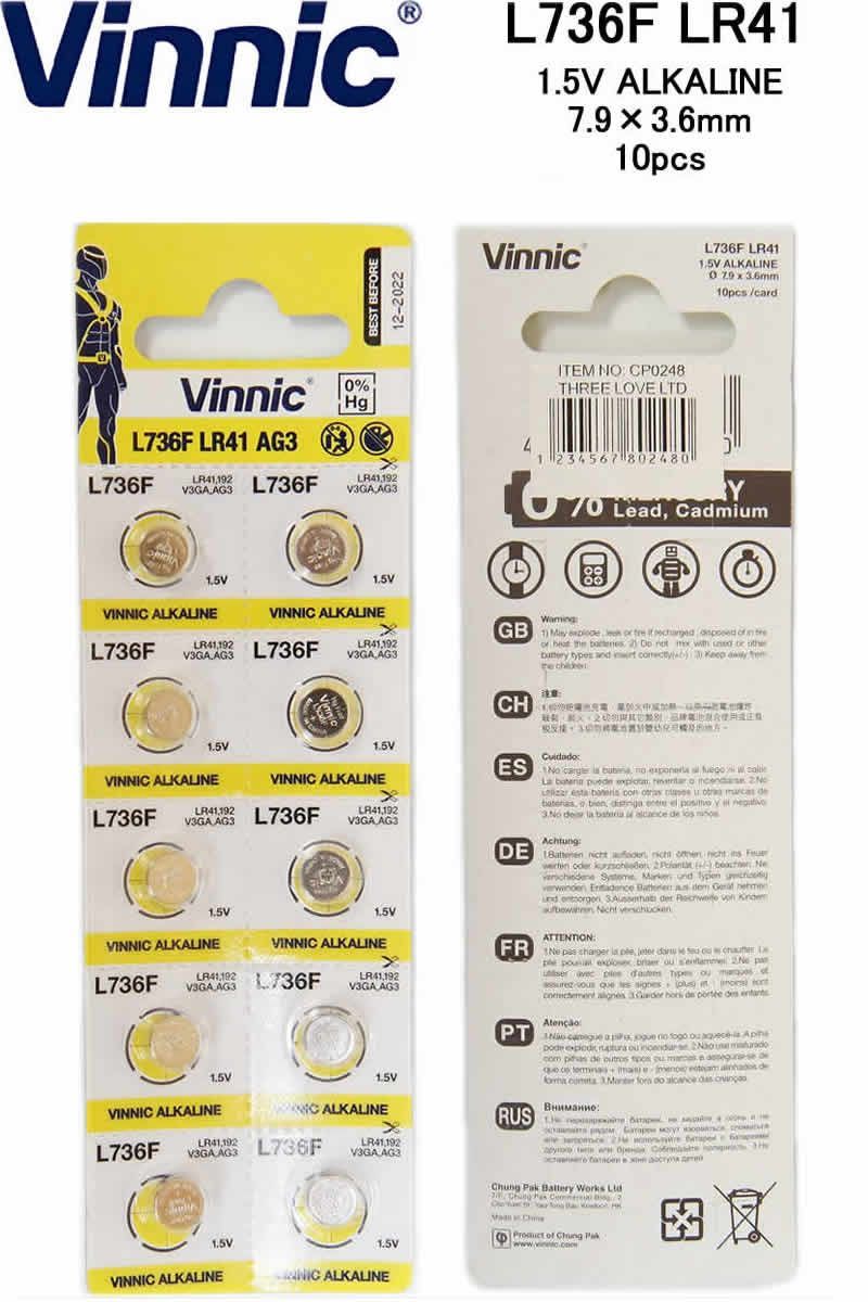 Vinnic ヴィニック L736F LR41 AG3 10pcs CP0248 アルカリボタン電池 10個入シート ボタン電池 1.5V ...