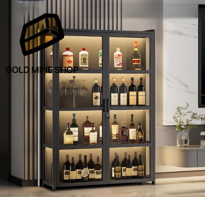 ウイスキーラック ウイスキー 棚 おしゃれ ウィスキー棚 酒棚 ディスプレイ ワインラックディスプレイスタンド ライト付き 大容量 三面透明 ロック 落下防止 竹素材 リビング ブラック 5層 80x32.4x138 cm