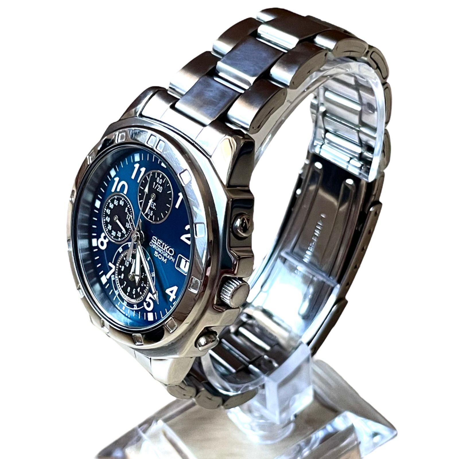 SEIKO セイコー アナログ時計 腕時計 メンズ クロノグラフ 多針 青文字 