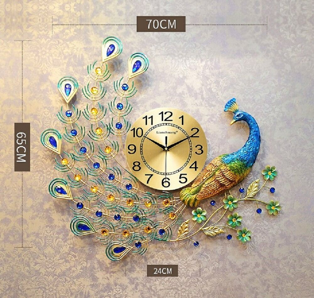 枝にとまっている孔雀 特大 孔雀 壁掛け時計 ゴールド ブルーストーン 孔雀 NEXPOTALLINN_EU