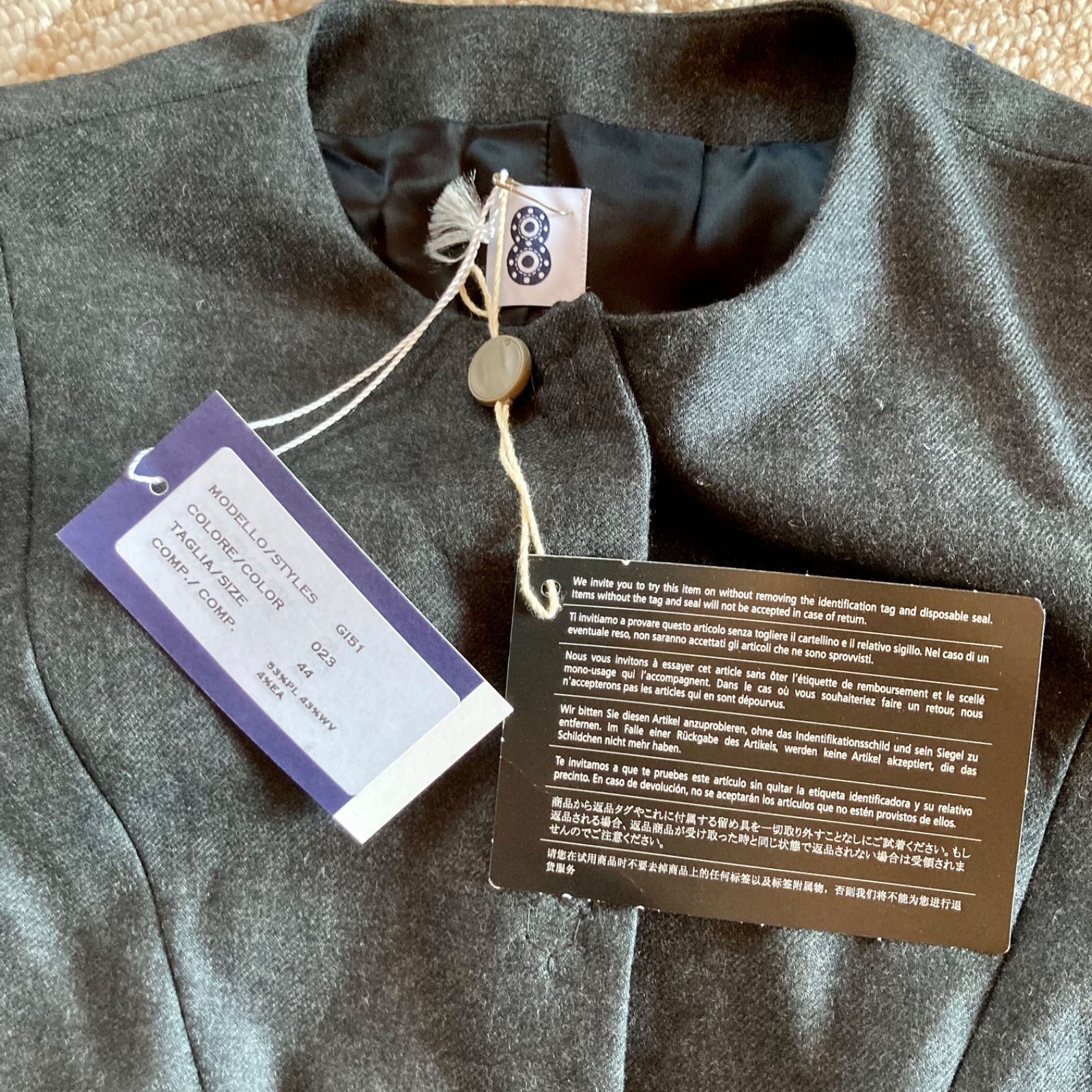 新品 タグ付 8 エイト ノーカラージャケット ダークグレー Sサイズ  