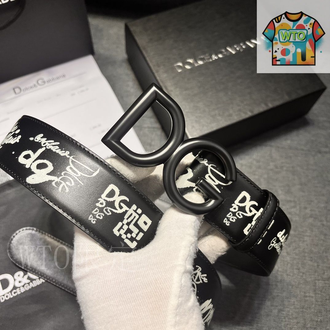 今日WTO】Dolce&Gabbana 4.0cm ブラックプリント 小牛皮ベルト