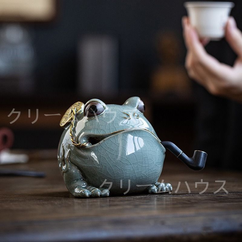 蛙 カエル 置物 オブジェ 陶器 ブルー 高級感 財運 金運 開運
