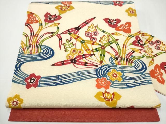 平和屋着物●九寸名古屋帯　作家物　型染め　流水草花文　鬼しぼ縮緬　正絹　逸品　CAAY2641hy 平和屋着物○九寸名古屋帯 作家物 型染め 流水草花文 鬼