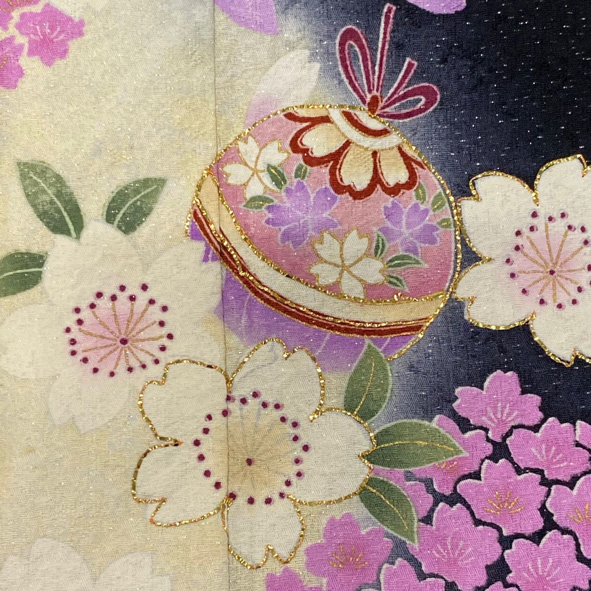 在庫一掃】 振袖 身丈159cm 裄丈68.5cm L 袷 鈴 桜 銀通し 箔 黒 正絹  