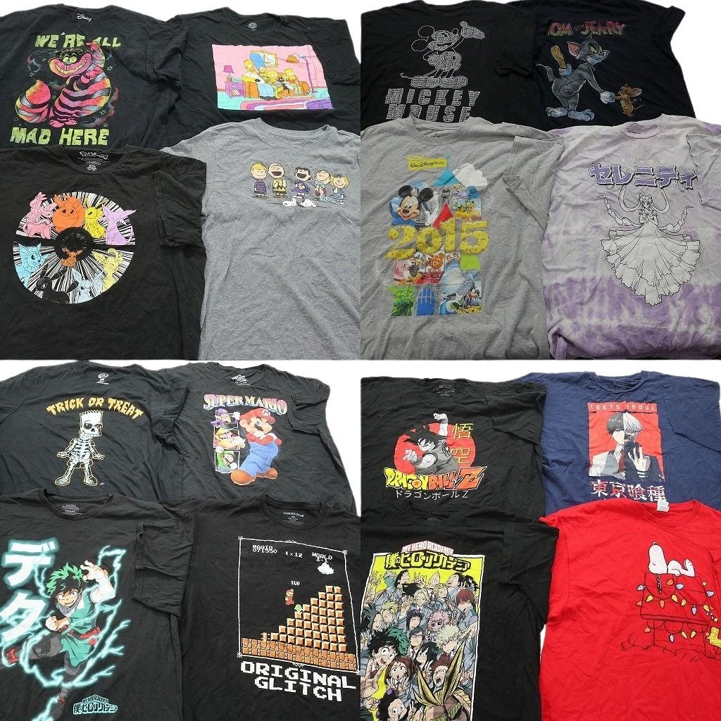 古着卸 まとめ売り キャラクター 半袖Tシャツ 16枚セット メンズ 2XL ポケモン ヒロアカ ドラゴンボール セーラームーン 古着 NC3850