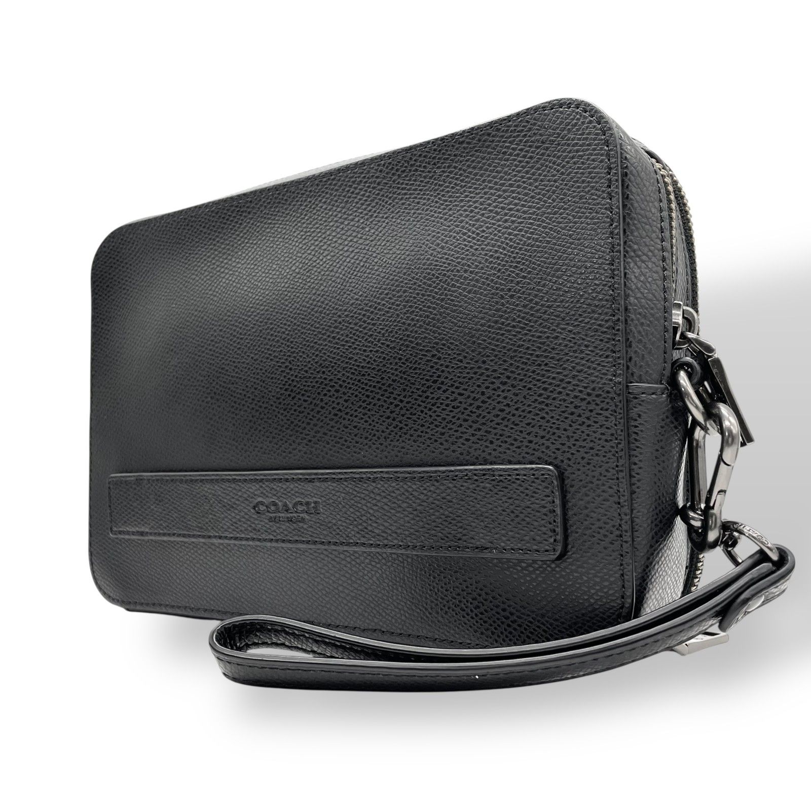 COACH コーチ クラッチバッグ セカンドバッグ F93555 黒 ブラック レザー ブラック金具 ロゴ型押し ストラップ付 メンズ U2