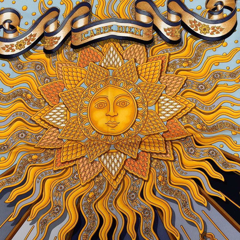 エルメス カレ90 CARPE DIEM 今日一日を楽しむ ブルー ゴールド マルチカラー シルク レディース HERMES 1-0231490