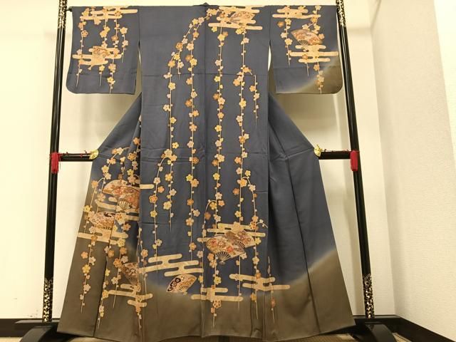 平和屋着物○中西進 訪問着 芽柳 たたき染め 黒地 正絹 逸品 未