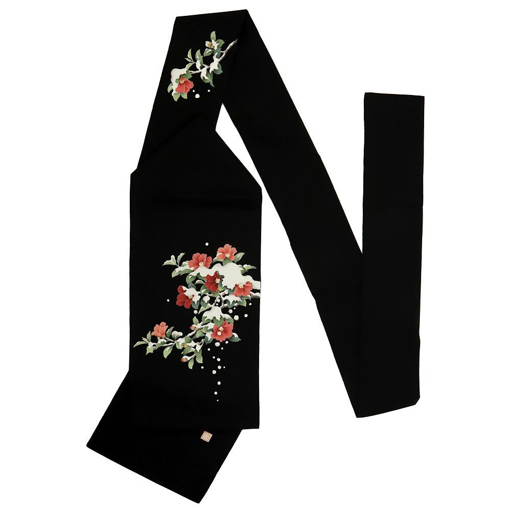 名古屋帯 秀美 正絹 黒地 雪持ち椿 カジュアル 仕立て上がり 手描友禅