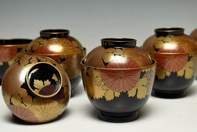 蔵A3677 輪島塗 蒔絵菊花文 吸物椀 汁椀 五客 共箱