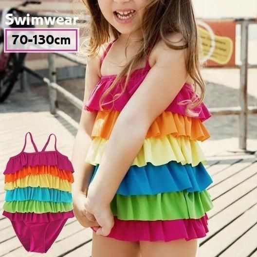 水着 ワンピースタイプ スイムウェア 子ども用 キッズ 女の子 ベビー ティアードフリル レインボーカラー カラフル かわいい おしゃれ キュート 袖