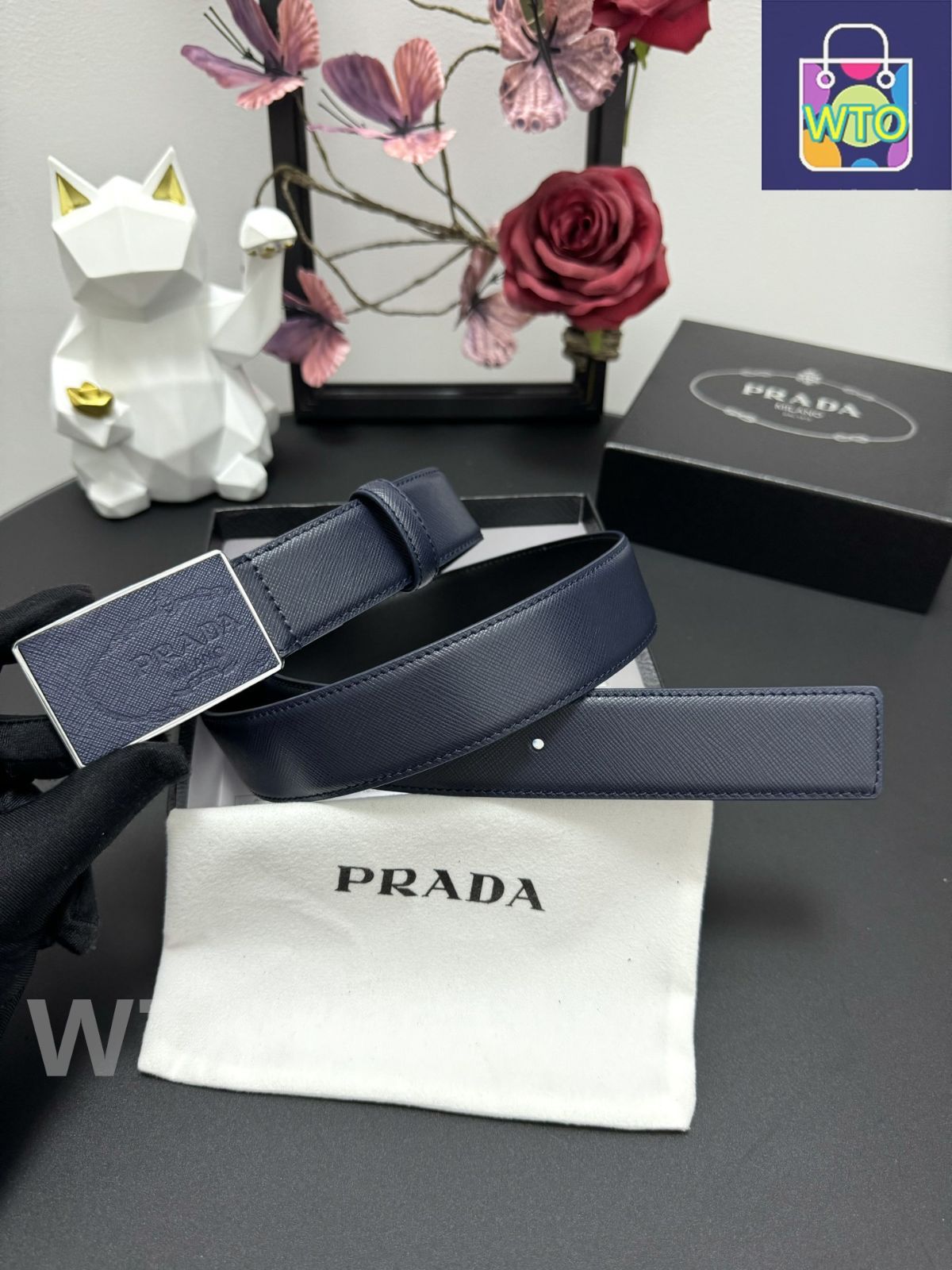 今日 PRADA プラダ クロスグレインレザーベルト-1