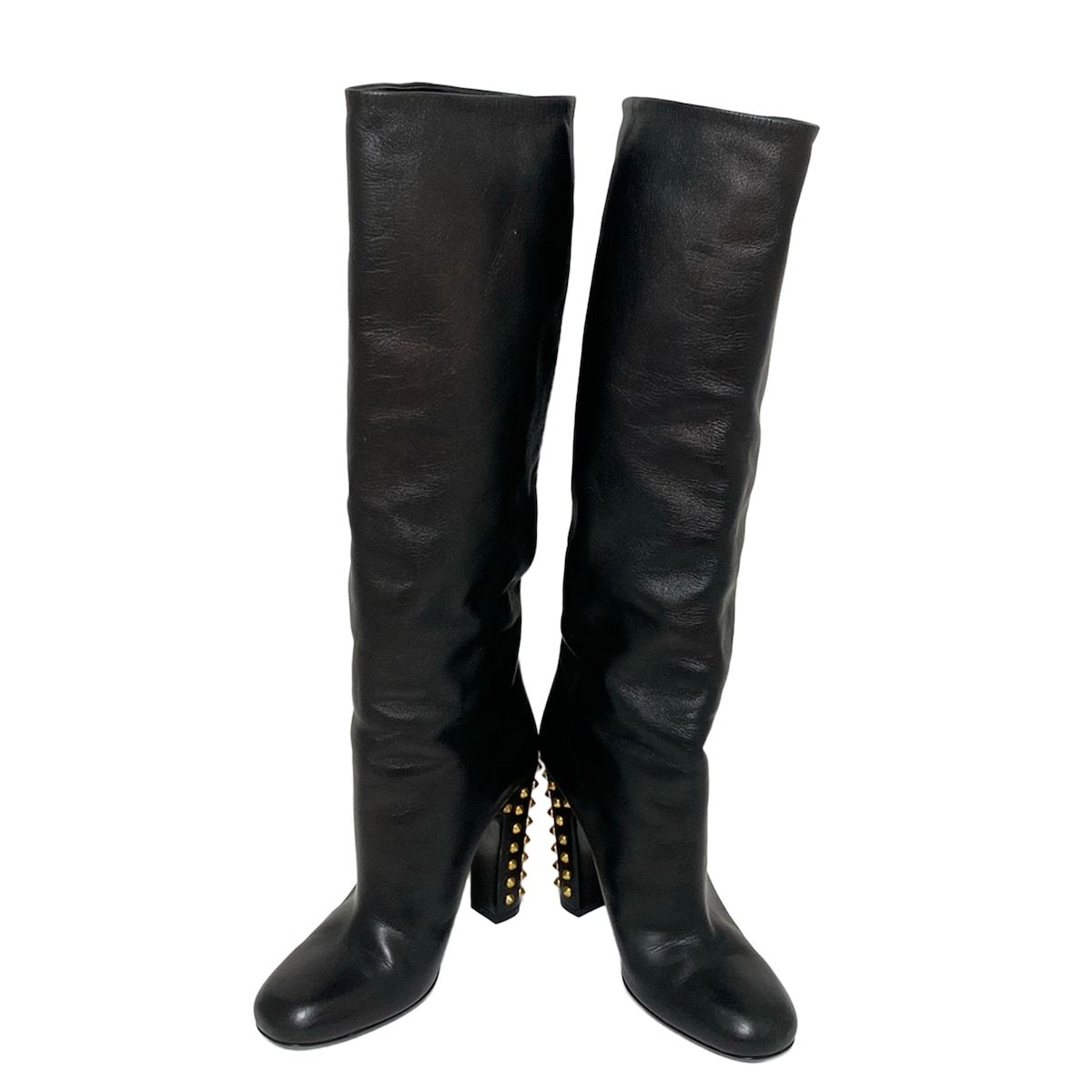 GUCCI グッチ ロングブーツ 361 2 レディース - 297199 黒×ゴールド スタッズ レザー