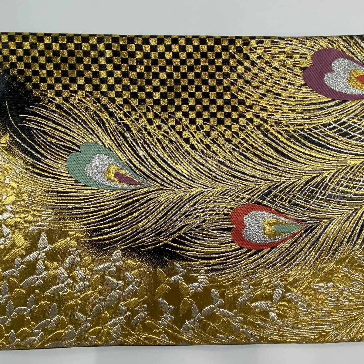 孔雀の羽 手刺繍 洒落 袋帯 金糸 箔 正絹 お太鼓柄 Q690 孔雀の羽 手刺繍 洒落 袋帯 金糸 箔 正絹 お太鼓柄 Q690