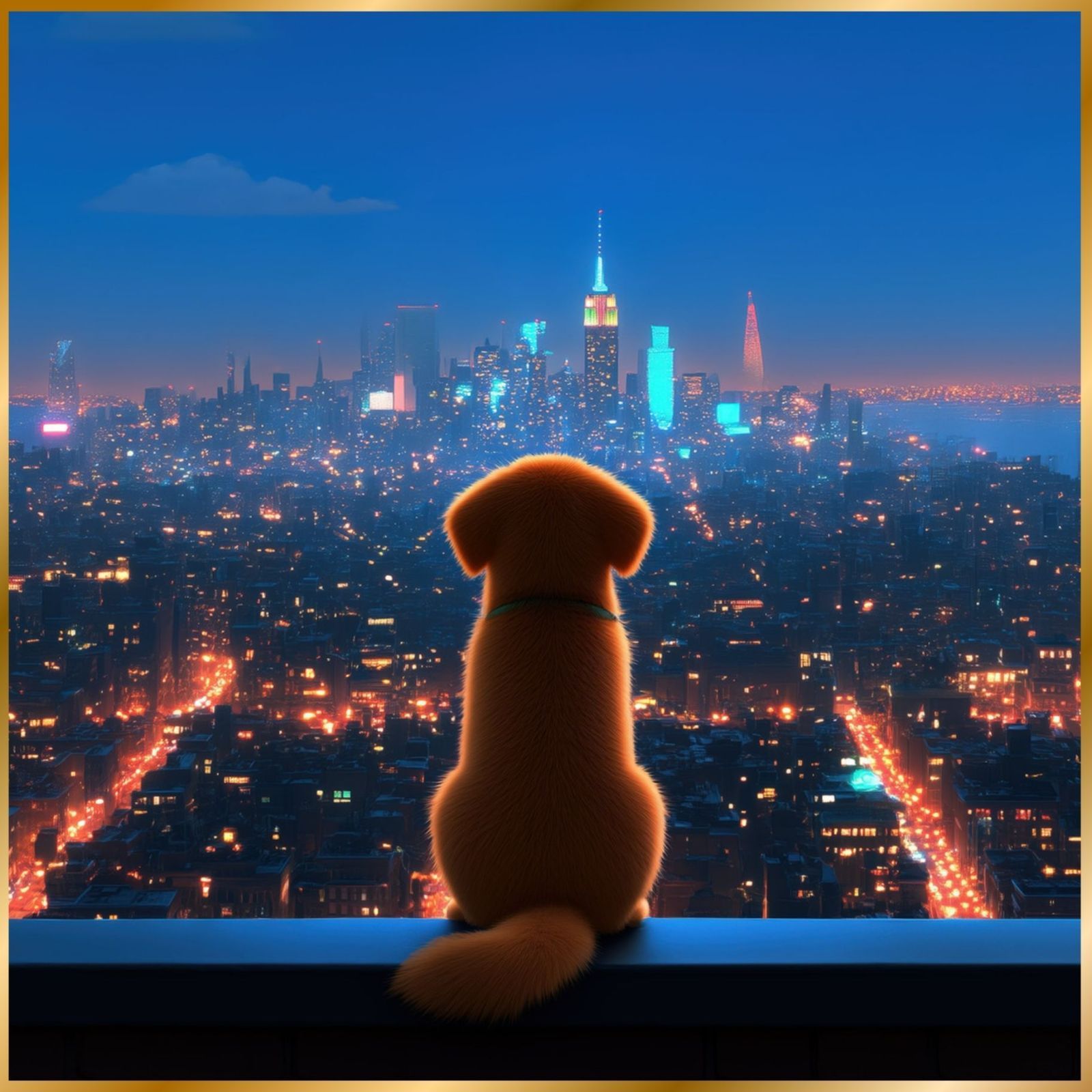 Luna and New York City - ゴールデンレトリバー犬 夜景 ニューヨーク マンハッタン シティー インテリアアート ペットロス うちの子 記念日 アートポスター 犬の絵 犬のイラスト ギフト プレゼント