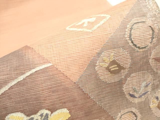 袋帯 秀品 夏帯 絽 菊 金銀糸 薄茶色 お太鼓柄 正絹｜中古・古着