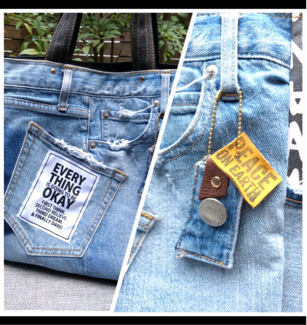№750【DENIM✖️サイドポケットBIGsize ToteBAG⚮̈🩷】ダメージ