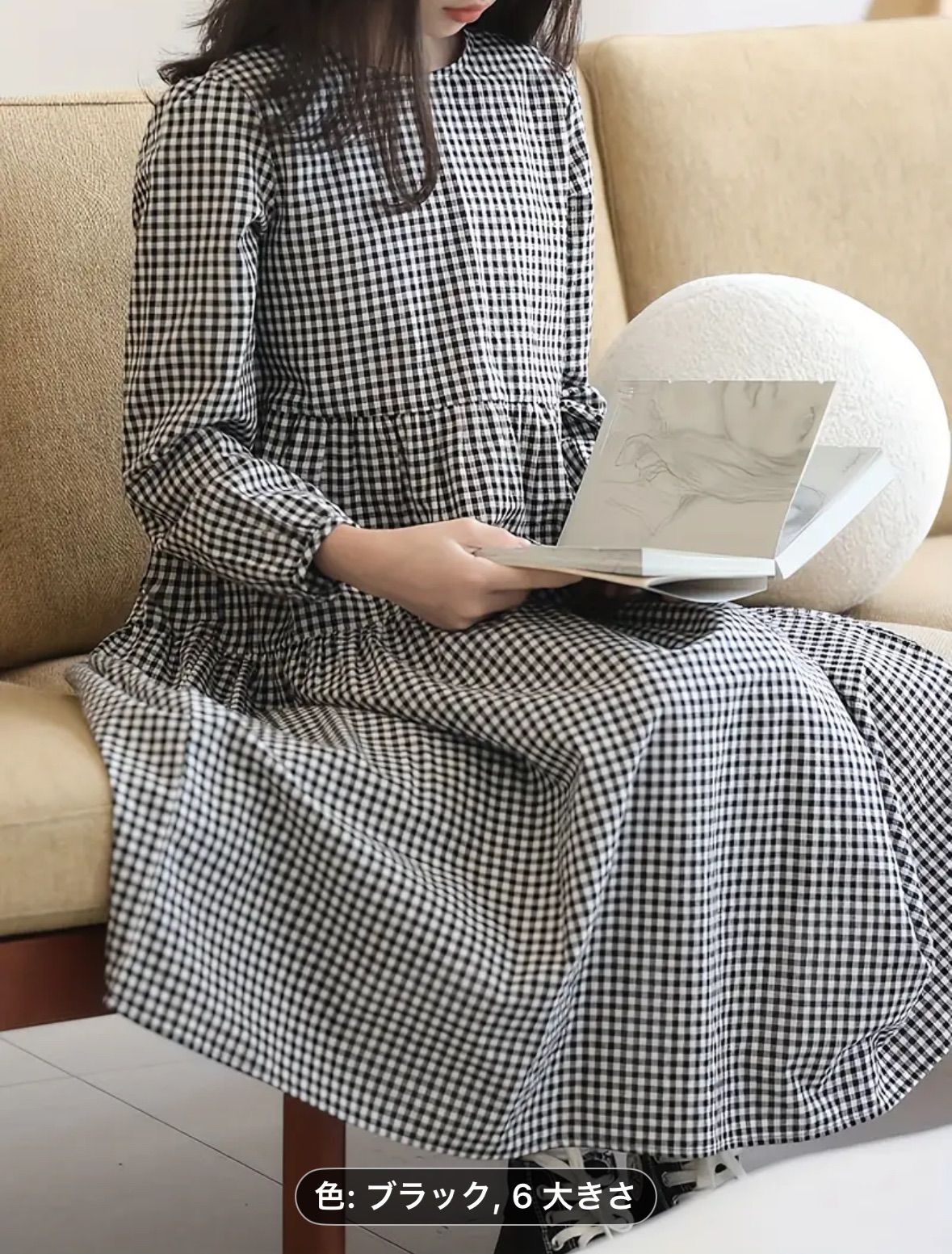 【2025年秋冬新作】長袖Aラインマキシワンピース（チェック柄） - ソフトウォッシュ生地、コットン100% ラウンドネック、フレア裾、レギュラーフィット。春・秋に最適　カジュアルスタイル