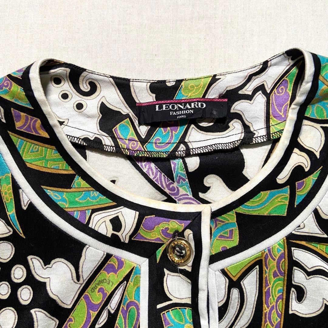 LEONARD レオナール 花柄 シルクウール カーディガン お花の金ボタン