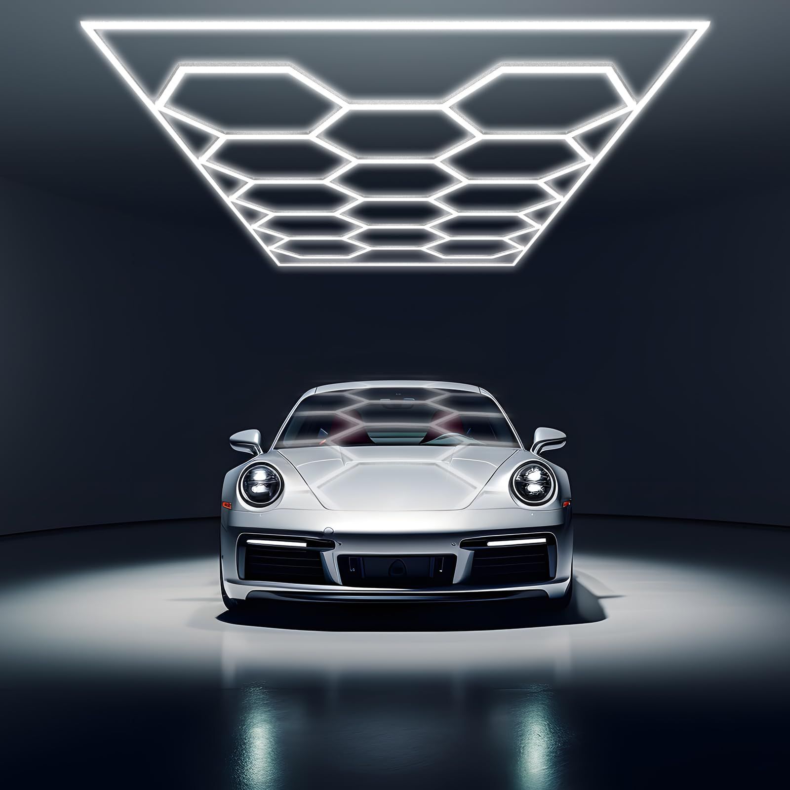 六角形ガレージライト - ハニカムライト 430W 51600LM 6500K 高輝度 DIYセット 14個六角形ライト 洗車室 ショールーム用 PCプラスチック製 485*244cm