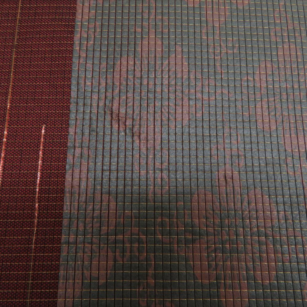 袋帯 草木染倭紙 金糸 市松に花兎文様 六通柄 エンジ色x多色 正絹