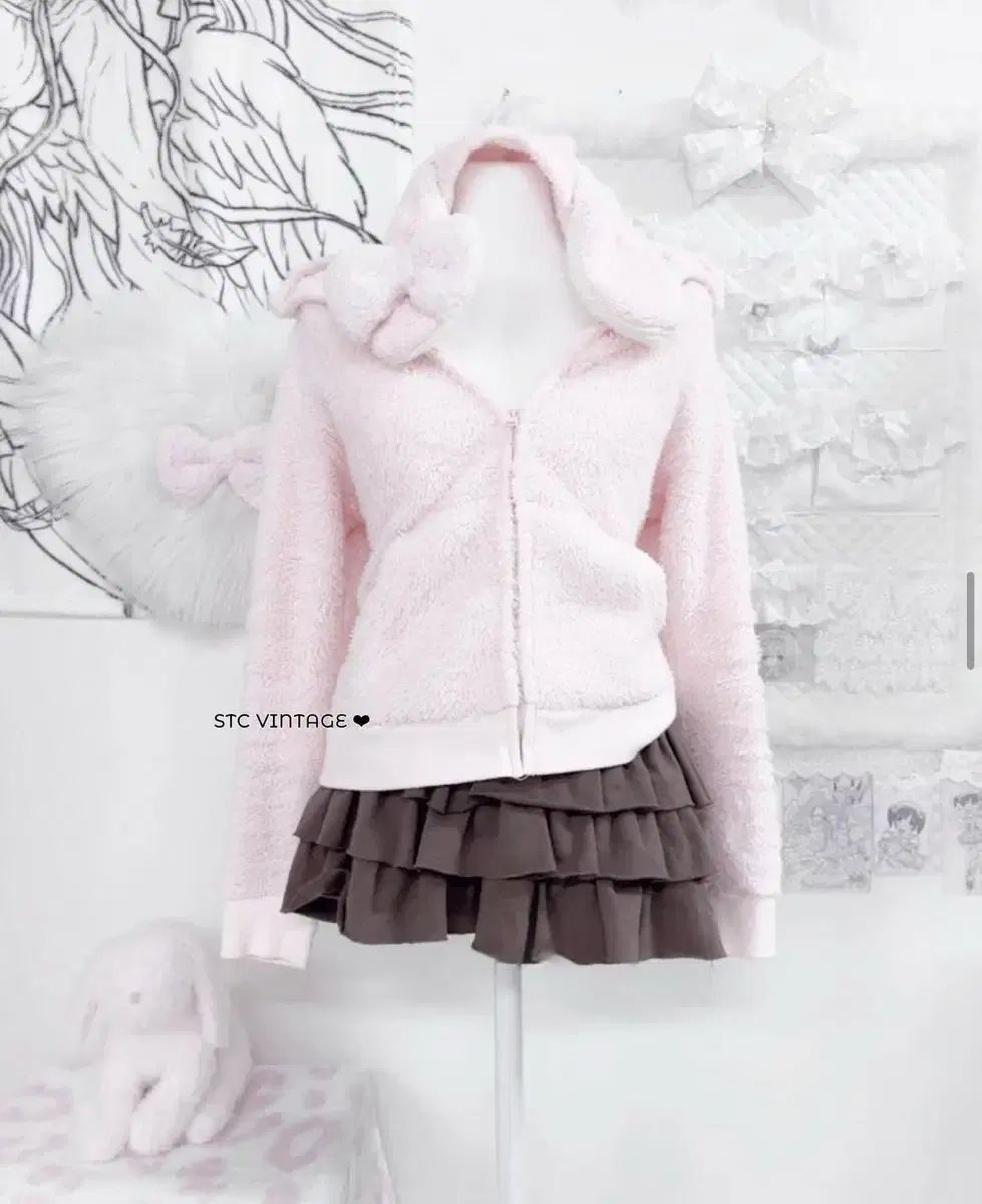 ジェラートピケ ウサミミ ピンク カーディガン ルームウェア フードジップアップ