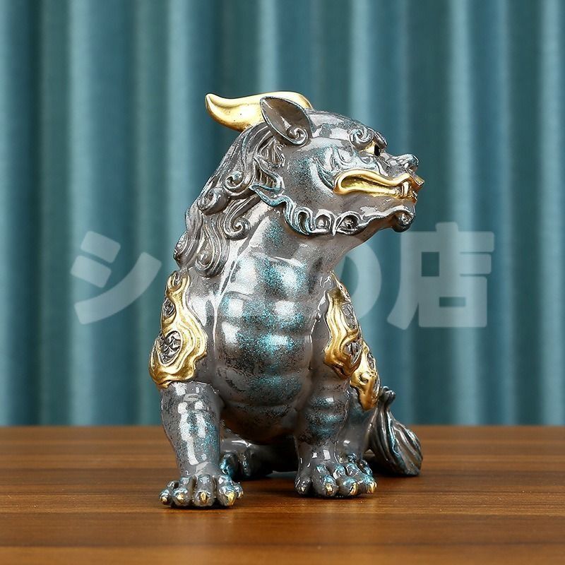獅子 狛犬 招財 風水グッズ 黄金 ゴールド グレー 銅製 北京宮殿の門 ペア オブジェ 優雅 気高い 玄関 リビング 贈り物 伝統的 気高い
