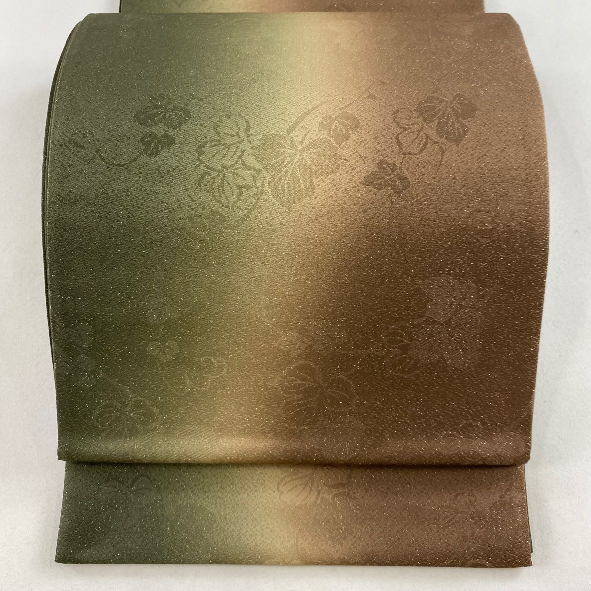 袋帯 美品 秀品 地紋 よろけ縞 銀糸 茶色 全通 正絹 【中古