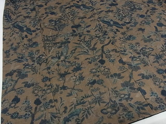 平和屋本店□極上 染織の名門 しょうざん 生紬 小紋 更紗花鳥文 反端