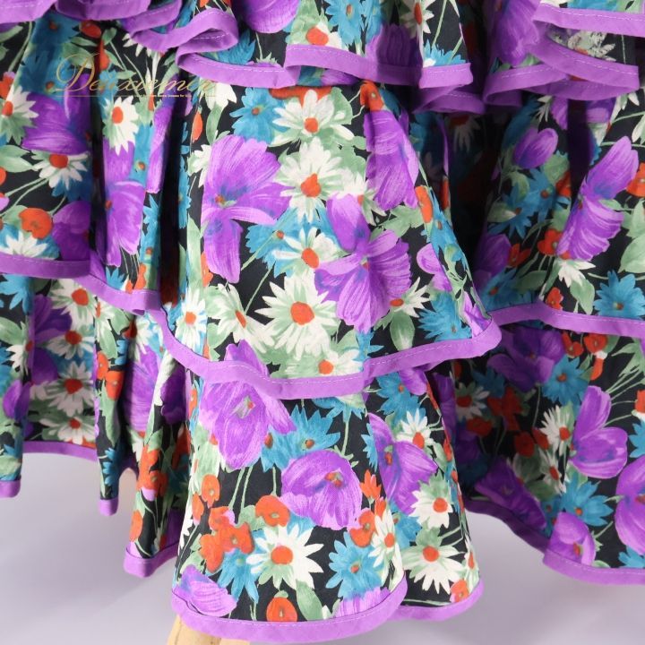 フラメンコ 衣装 ファルダ スカート シージョ 花柄 ボランテ フリル 紫 黒 ブラック レトロ パーティ 発表会 パープル系 フラメンコ スカート おしゃれ 豪華 フリル付き フラワープリント レディース ドレス コスチューム 踊り