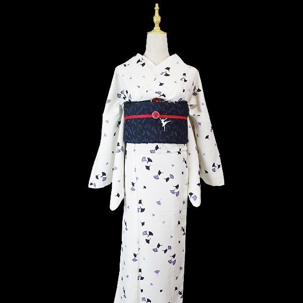 袷着物 単品 レディース きもの 小紋 アイボリー色に 黒 グレー色のいちょうの葉| レトロモダン 大人かっこいい|普段着 お出かけ デート|洗える着物 M L| |40代 50代 60代 kimono-r5-ji1