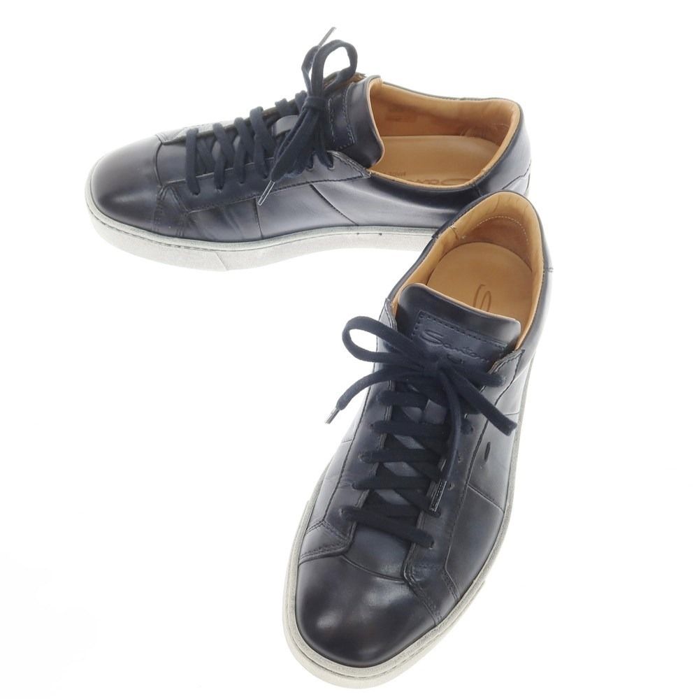 【中古】サントーニ Santoni 汚れ加工 レザー ローカットスニーカー ネイビー【サイズ5 1/2】【メンズ】