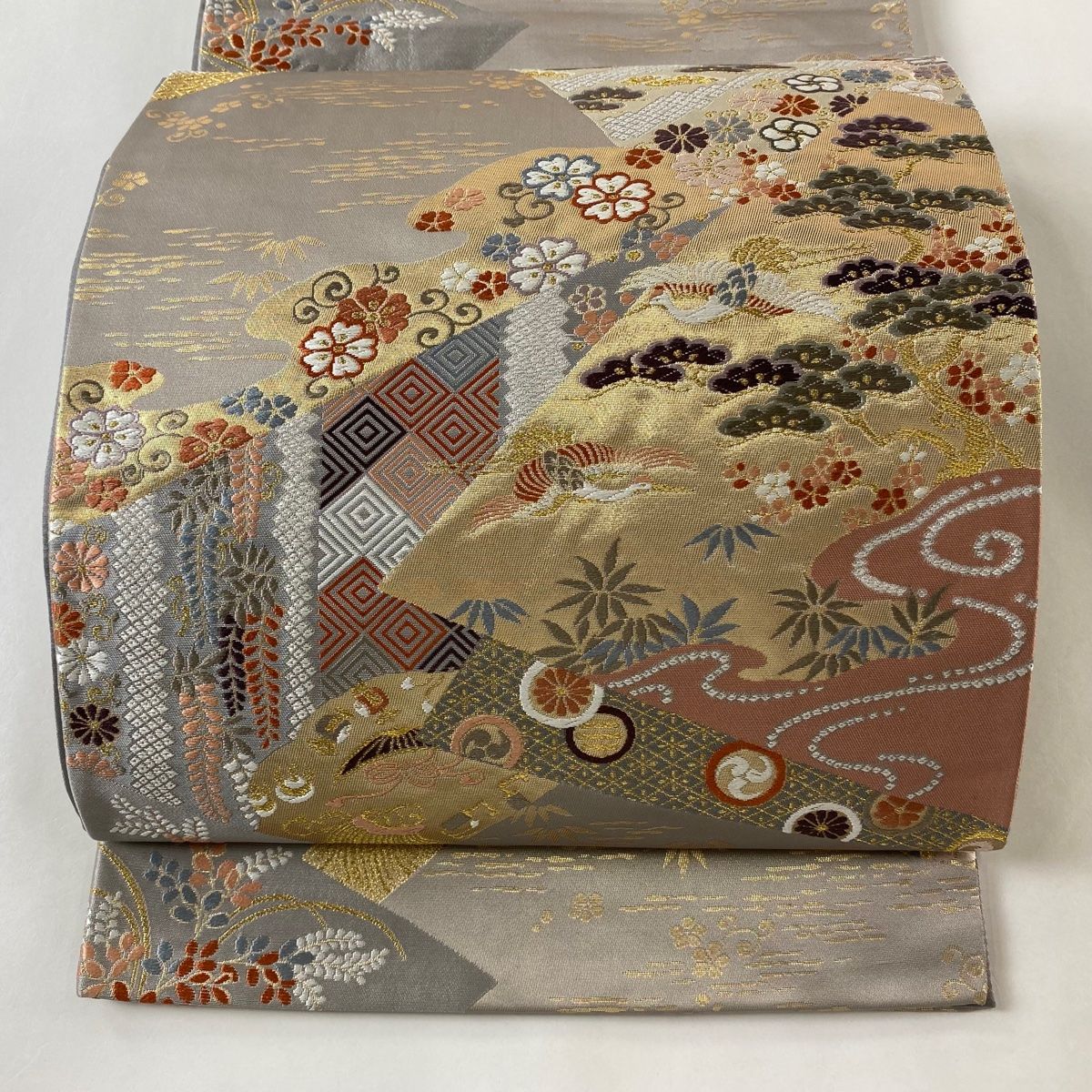 袋帯 秀品 枝梅 鶴 金糸 箔 銀色 六通 正絹 中古 【美品】 袋帯 秀品 