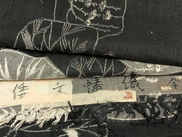 平和屋着物▽小千谷紬 単衣 色紙風景文 黒地 証紙付き 正絹 逸品