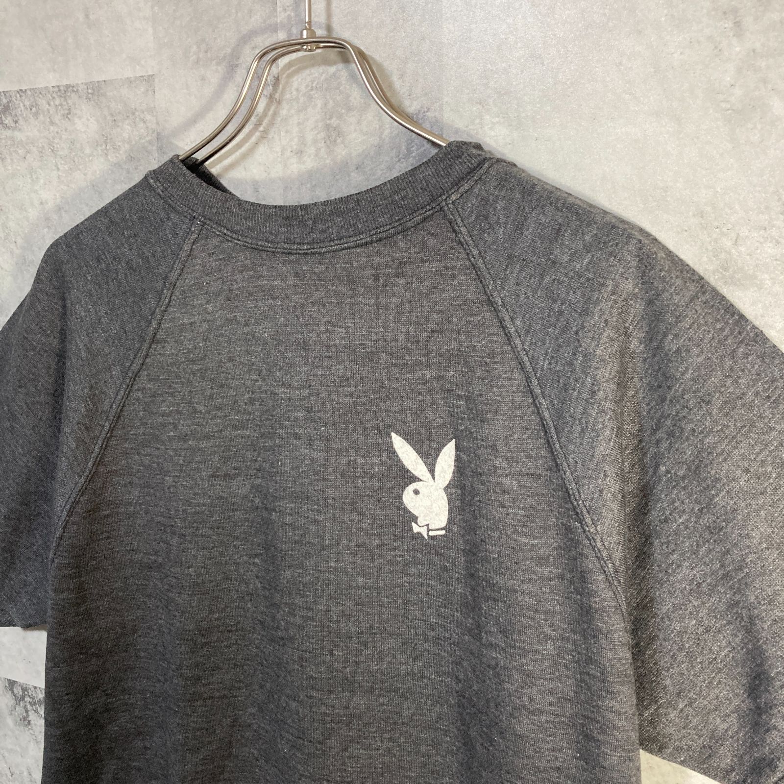 80s PLAYBOY半袖 スウェット コットンポリフロッキー グレー Lサイズ USA製 80's PLAYBOY半袖 スウェット ポリ コットン フロッキー