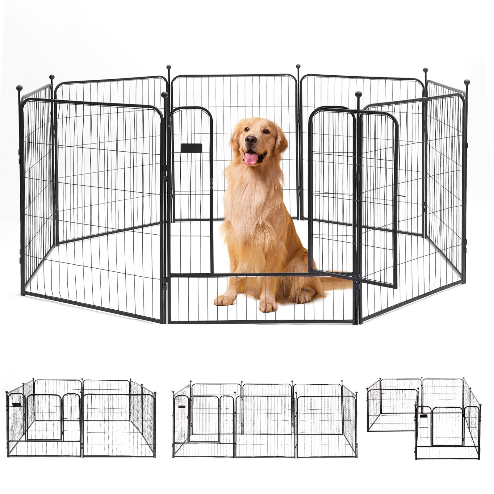 中型犬 ゲージ サークル 折り畳み スチール製 大型犬 8面 ケージ 室内 犬 室外 高さ100cm ペットフェンス 8枚 ペットサークル black