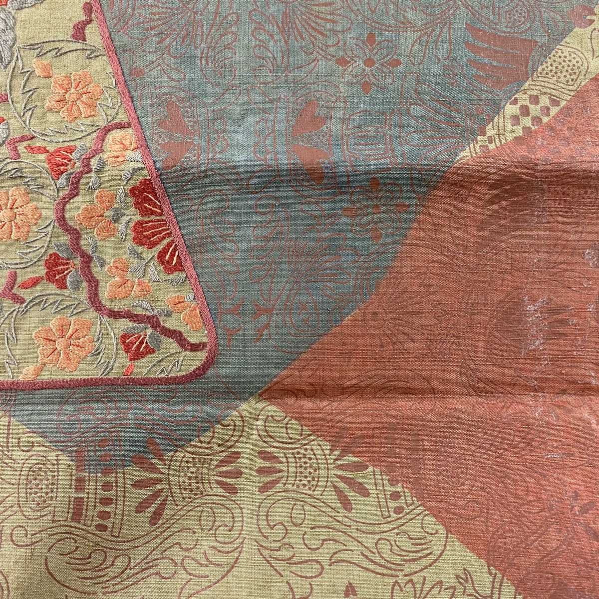 袋帯 秀品 紬地 関西仕立て 華文 花鳥 刺繍 灰緑 お太鼓柄 正絹