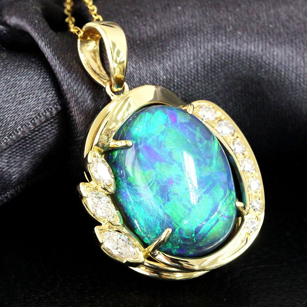 希少大粒！12ct ブラックオパール ダイヤモンド K18 yg ネックレス 鑑  