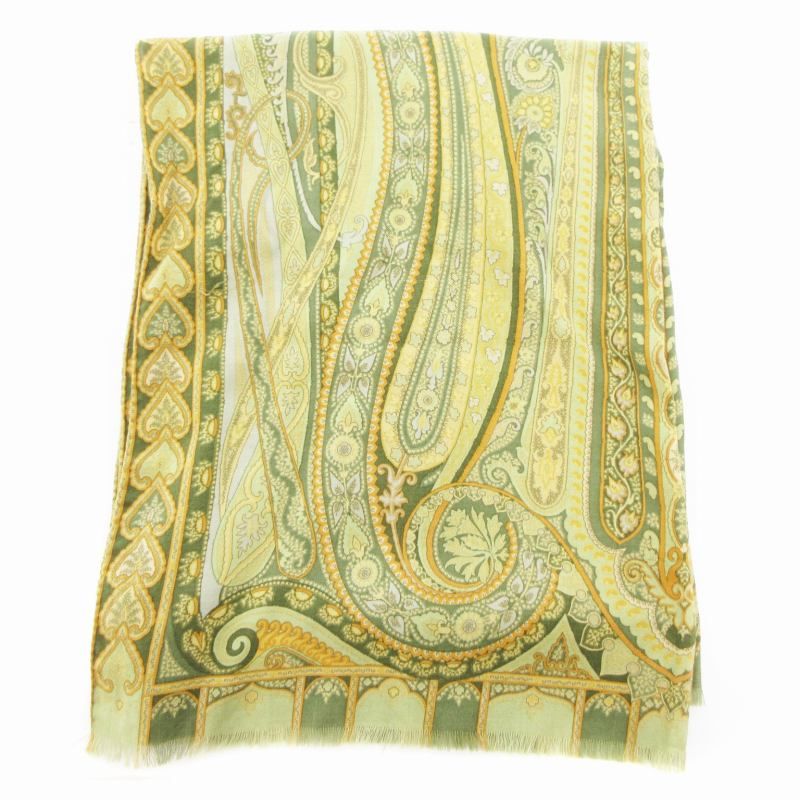 エトロ ETRO ストール ペイズリー柄 ウール シルク混 フリンジ イタリア製 緑 グリーン系 |HO□ 0422 AA