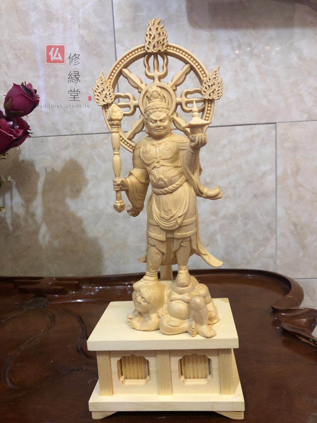 修縁堂】珍品 木彫り 仏像 毘沙門天立像 彫刻 一刀彫 天然木檜材 仏教 
