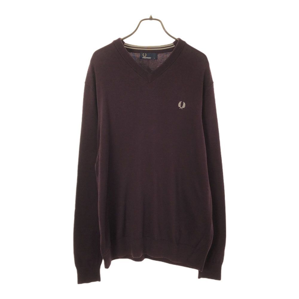 フレッドペリー ロゴ刺繍 長袖 Vネック セーター L パープル FRED PERRY ニット メンズ 古着 【240428】
