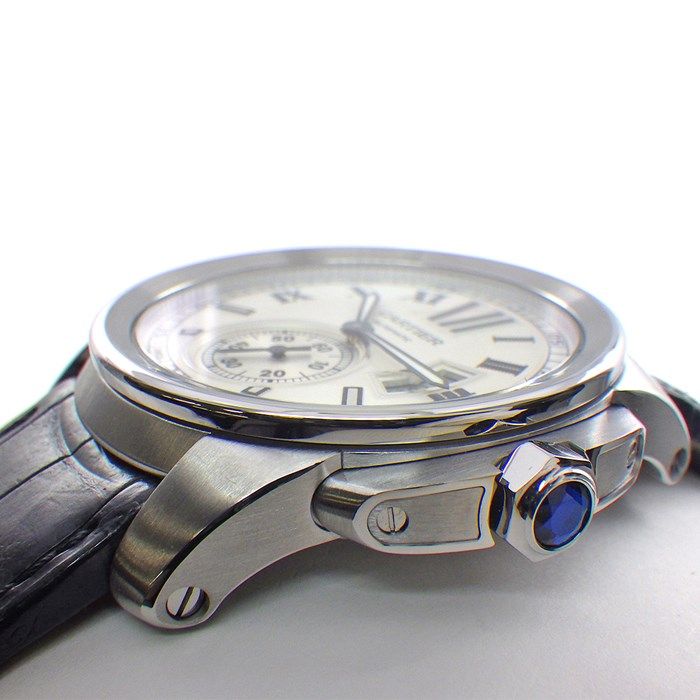カルティエ Cartier 腕時計 カリブル W7100037 デイト 夜光インデックス 夜光針 裏スケ シルバー文字盤 SS ブラック クロコダイル レザーベルト 自動巻き 【中古】 カルティエ Cartier 腕時計 カリブル W7100037 デイト 夜光