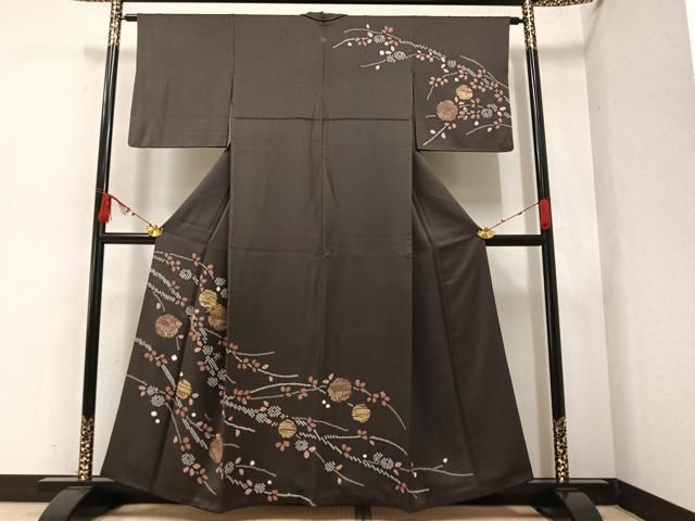 平和屋着物●訪問着　絞り　枝葉文　黒地　金彩　正絹　逸品　AAAV9032np 平和屋着物○訪問着 絞り 枝葉文 黒地 金彩 正絹 逸品 AAAV9032np