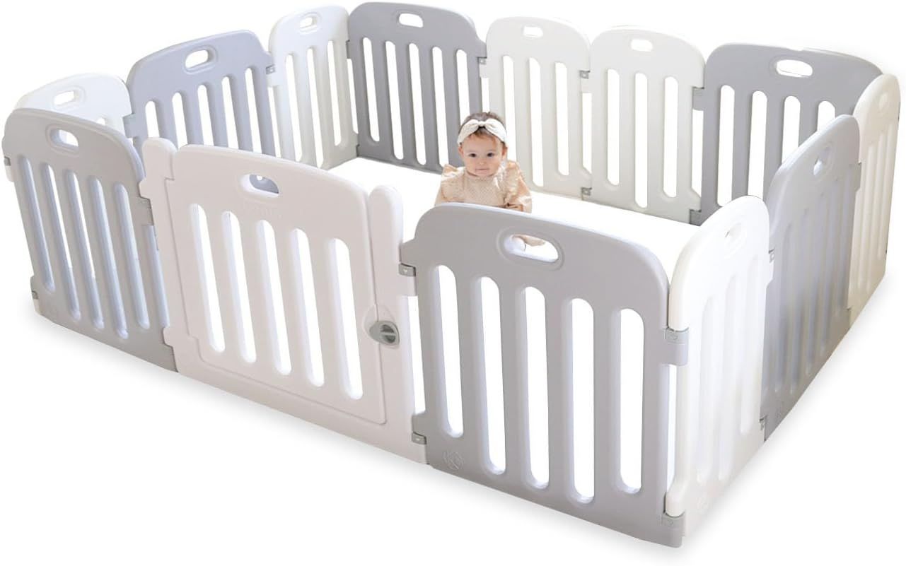 【開封済・未使用品】 ケラッタ ベビーサークル 赤ちゃん 組み立て簡単 形のアレンジ自在 ベビー 扉付き 200×140cm ライトグレー x ホワイト K0621 0708ML004 0120240705100466