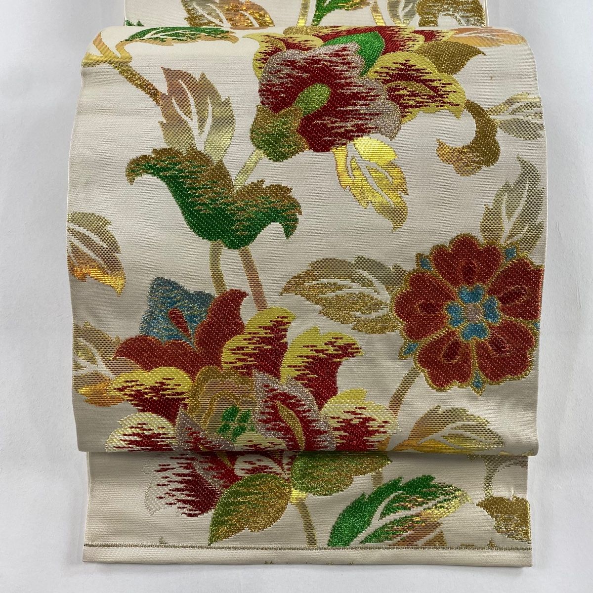 袋帯 秀品 草花 箔 金糸 クリーム 六通 正絹