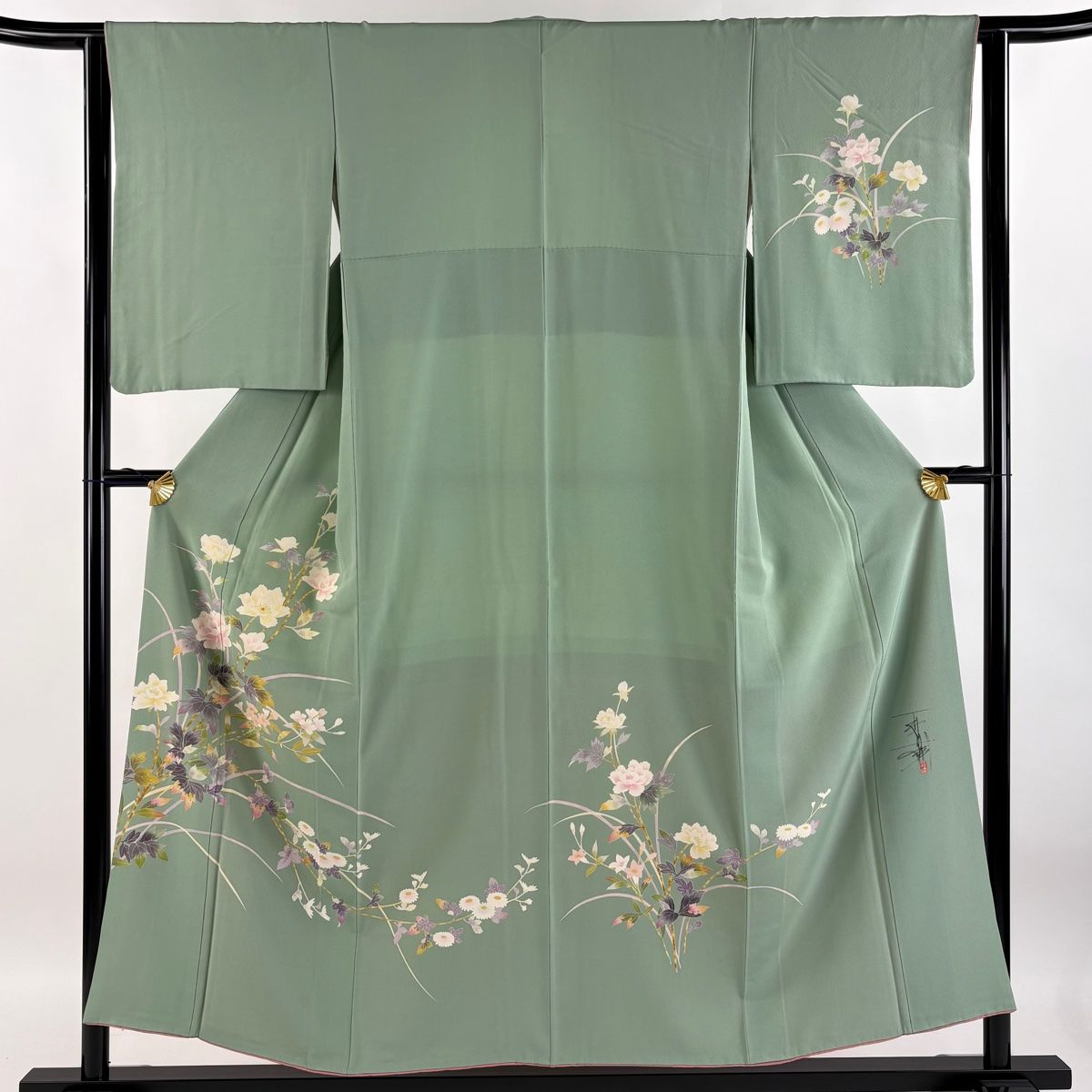 訪問着 身丈154cm 裄丈63.5cm S 袷 百貫石峰 落款 牡丹 桜 薄緑
